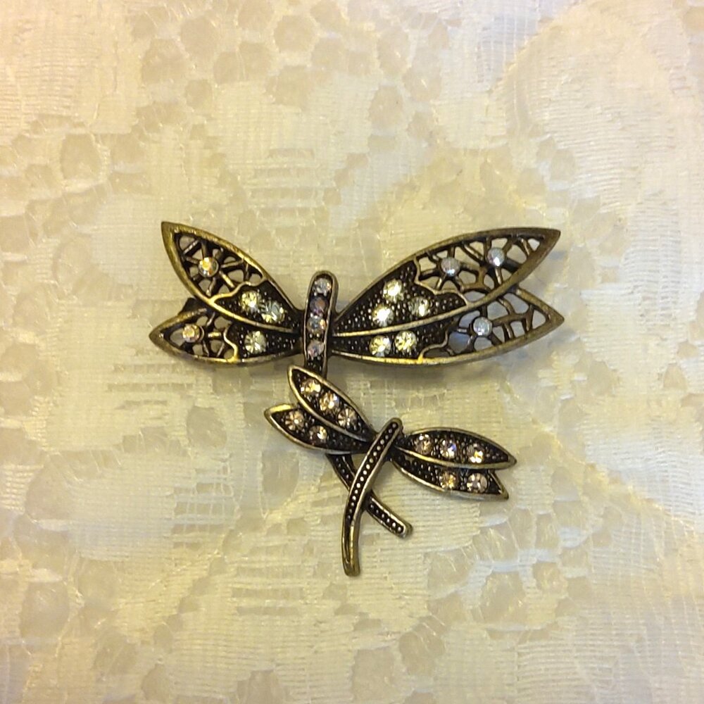 Vintage Rhinestone Dragonfly Brass Tone Brooch Timeless VTG Jewelry Pin